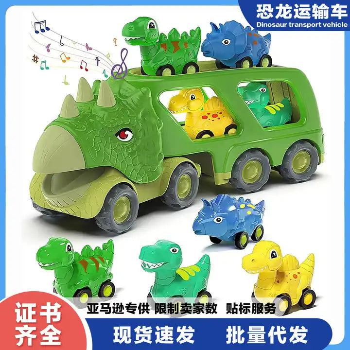 Jiefan Sound and Light Transport Double-Decker Tractor Dinosaur Car Set Toy