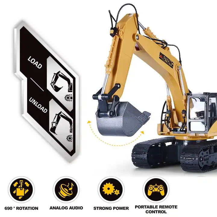 1:20 Scale 5-Channel RC Excavator - Die-Cast Engineering Truck Metal Vehicle Toy for Kids