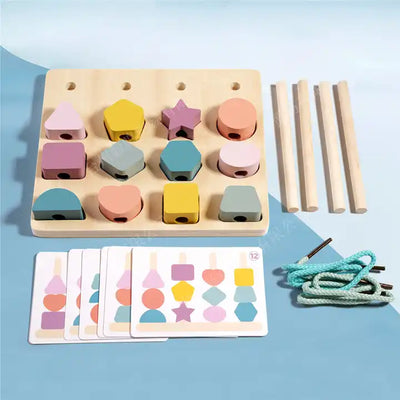 Montessori Wooden Beads Sequencing Toy Set ? Stacking Blocks, Lacing Beads & Shape Matcher for STEM Preschool Learning