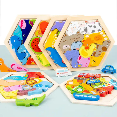 Educational Logic Thinking 3D Geometric Puzzle Toy - Shape Matching Hexagon Animal Wooden Puzzle for Kids