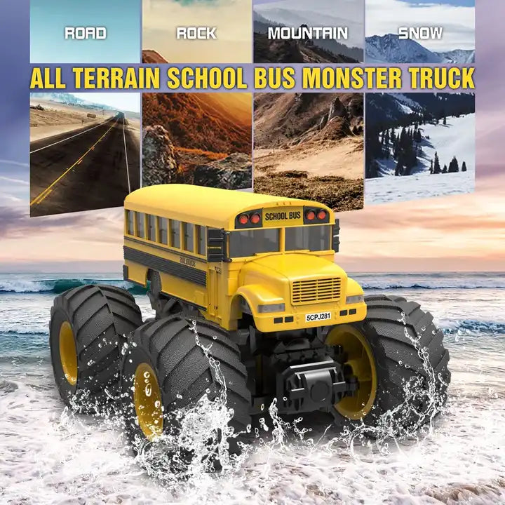 All-Terrain 1:18 Scale 2.4GHz Remote Control School Bus - LED and Sound Offroad Truck