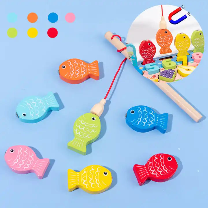 7-in-1 Wooden Fishing Game | Fruit and Animal Geometric Cognition Board for Early Math Education