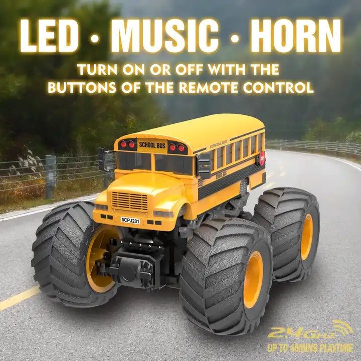 All-Terrain 1:18 Scale 2.4GHz Remote Control School Bus - LED and Sound Offroad Truck