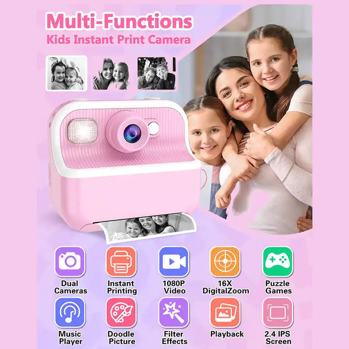 Kids Timely Printing Camera - Cute Cartoon HD Instant Printer Mini Camera