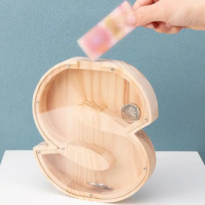 Wooden Transparent Coin Bank with 26 Letters | Creative Desktop Storage for Kids | Ideal Gift Money Box