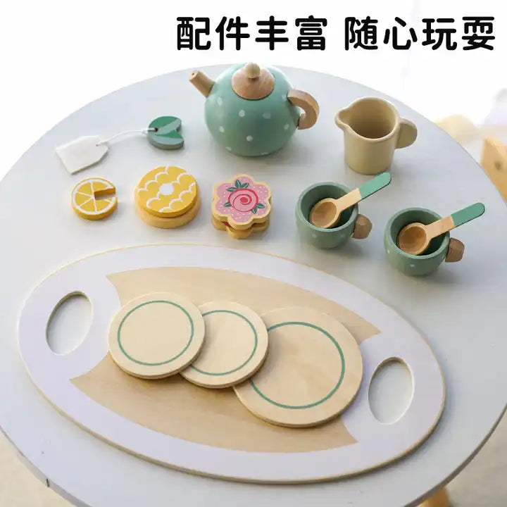 Kids Mini Wooden Kitchen Simulation Tea Toy Set - Afternoon Tea Cup Set for Girls | Role Pretend Play Wooden Toys for Toddlers