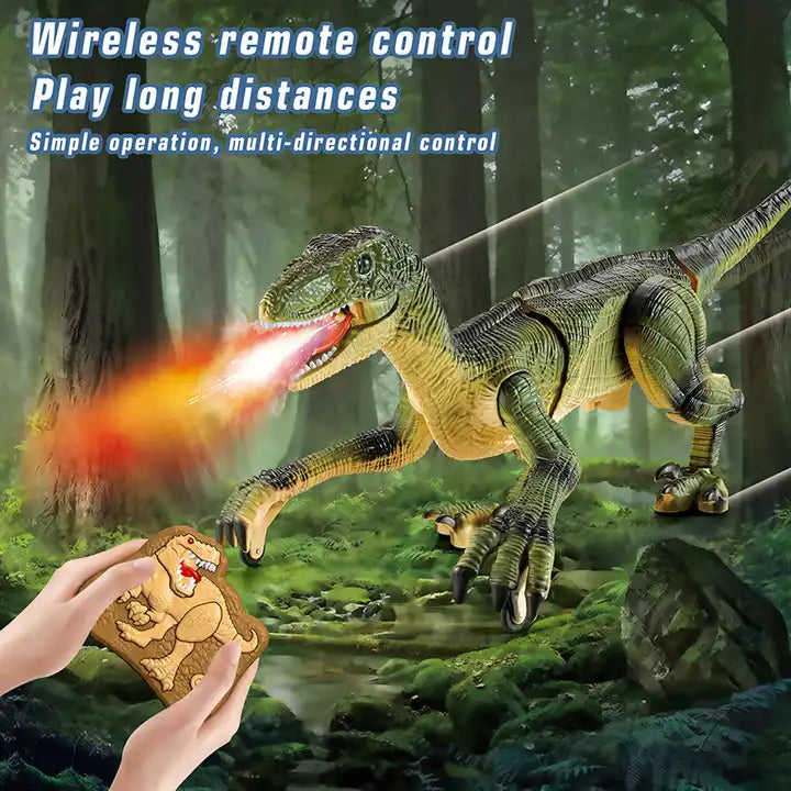 RC Velociraptor Dinosaur Toy - 2.4G Simulation Walking Robot with Music, Light, and Spray Features for Kids Ages 5-10 Years