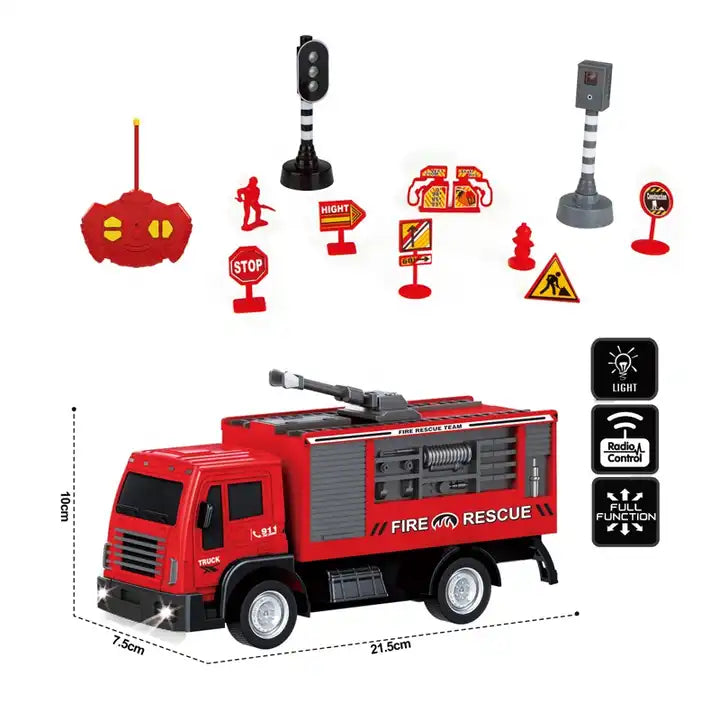 Kids Toy Engineering Construction Truck Play Set - Fire Engine Vehicle with RC Car