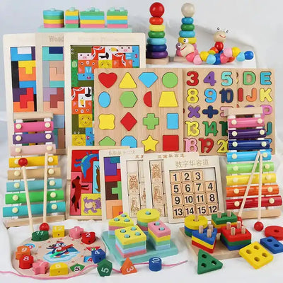 Multiple Styles Geometry Shape Puzzle Toy | Cognitive Wooden Building Blocks & Bead Winding Educational Toy for Kids