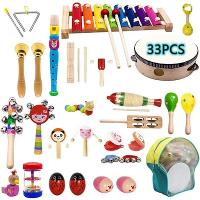 33 PCS Kids Musical Instruments Set | 20 Types Wooden Instruments, Tambourine & Xylophone Toys for Preschool Learning