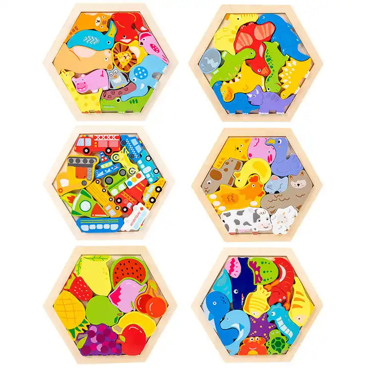 Educational Logic Thinking 3D Geometric Puzzle Toy - Shape Matching Hexagon Animal Wooden Puzzle for Kids