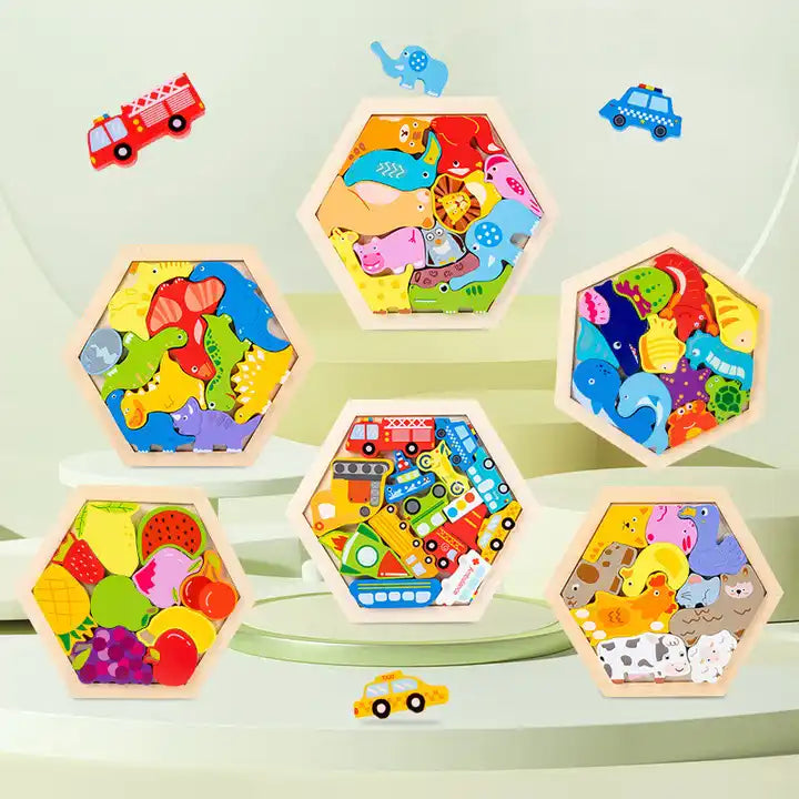 Educational Logic Thinking 3D Geometric Puzzle Toy - Shape Matching Hexagon Animal Wooden Puzzle for Kids