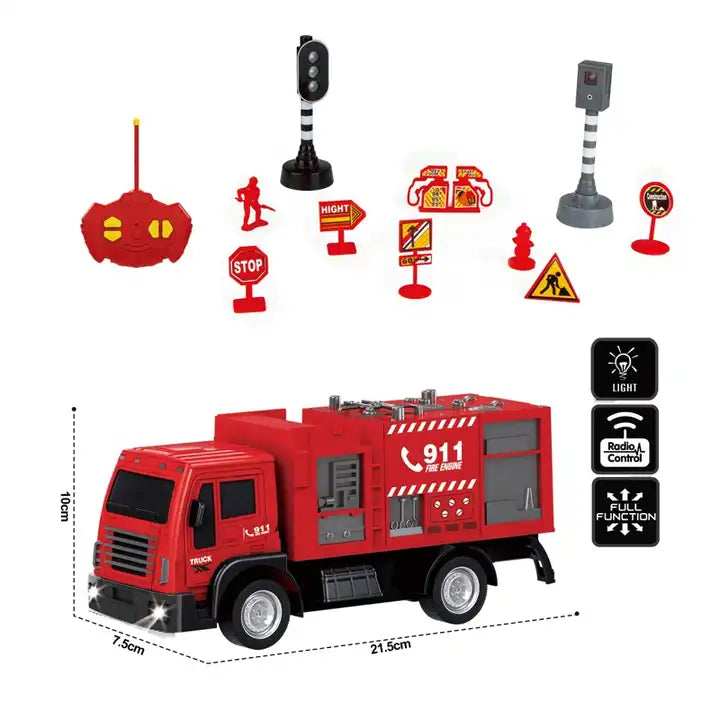 Kids Toy Engineering Construction Truck Play Set - Fire Engine Vehicle with RC Car