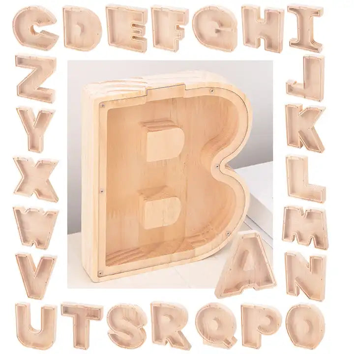 Wooden Transparent Coin Bank with 26 Letters | Creative Desktop Storage for Kids | Ideal Gift Money Box