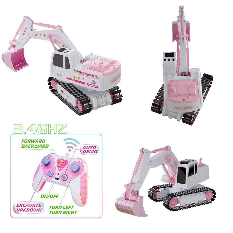 RC Excavator Car – 6-Channel Alloy Crawler with Lights, Dual Batteries, and Long-Range Control – Pink Construction Toy with Auto Demo & Digging Bucket