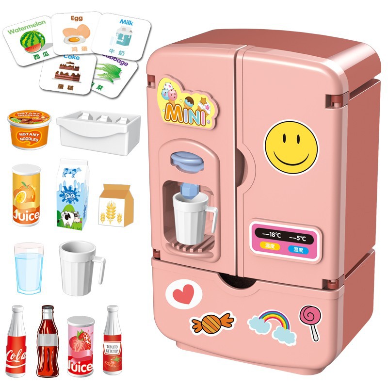 17 Pieces Dollhouse Refrigerator Mini Fridge Toy with Mini Food Set, Dollhouse Kitchen Furniture Food Toys, Dollhouse Miniatures Kitchen Decorations, Bottles ,Fruit, Dessert for Children, (Lovely Style)