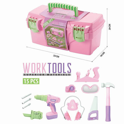 Kids Tool Set - Pink Pretend Play Construction Tool Box with Electric Toy Drill, Chainsaw, Screwdriver - Repair House Toys for Toddler Boys and Girls Ages 3+