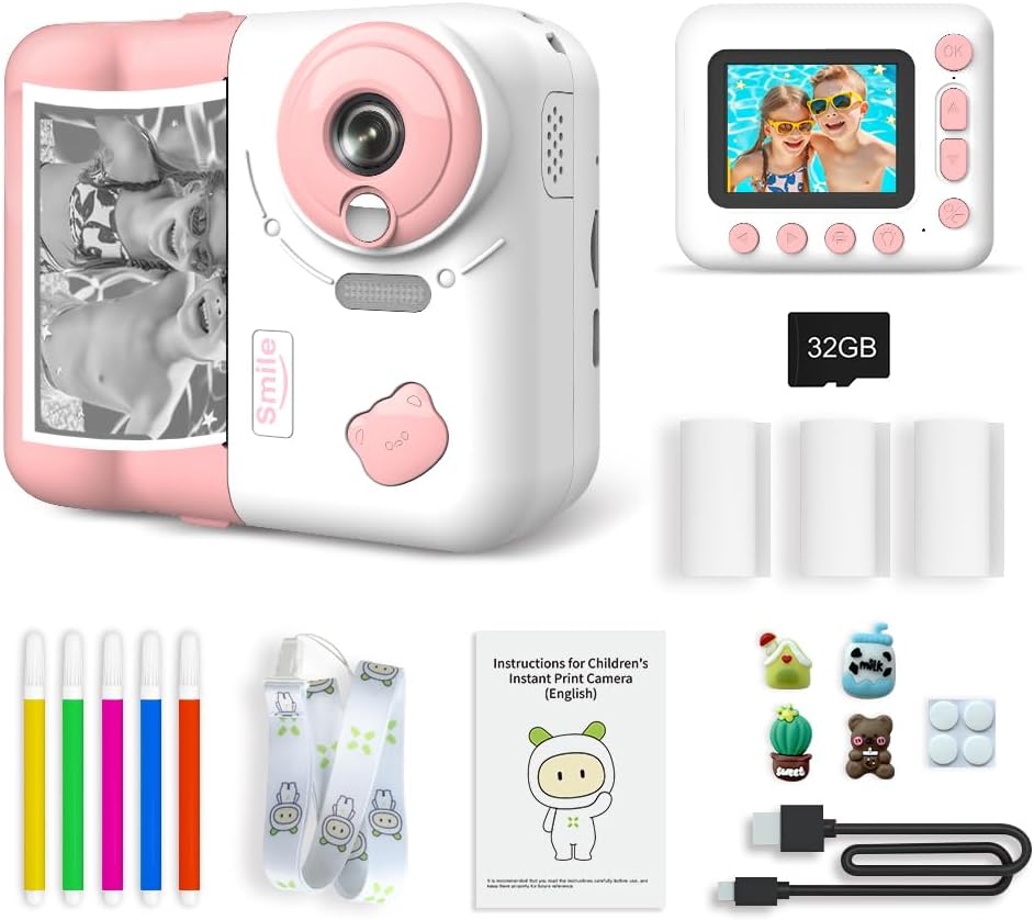 Kids Instant Print Camera, 1080P Digital Kids Camera, 2.4 Inch IPS Screen 10X Zoom Built-in Battery with Thermal Printing Paper Color Pens Neck Strap