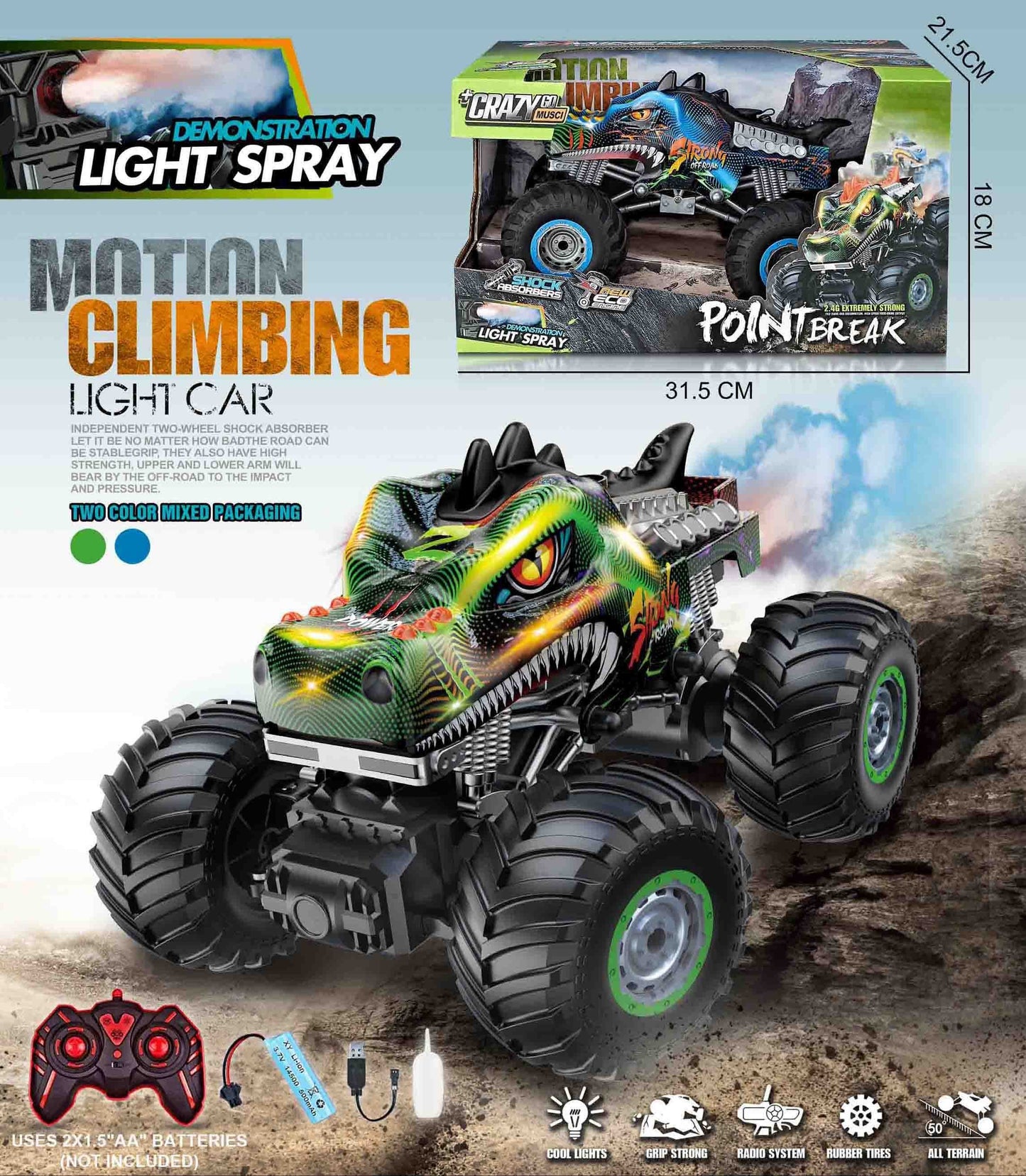 2.4GHz 7CH RC Dinosaur Monster Truck – All-Terrain Off-Road Remote Control Stunt Vehicle Toy for Boys and Kids