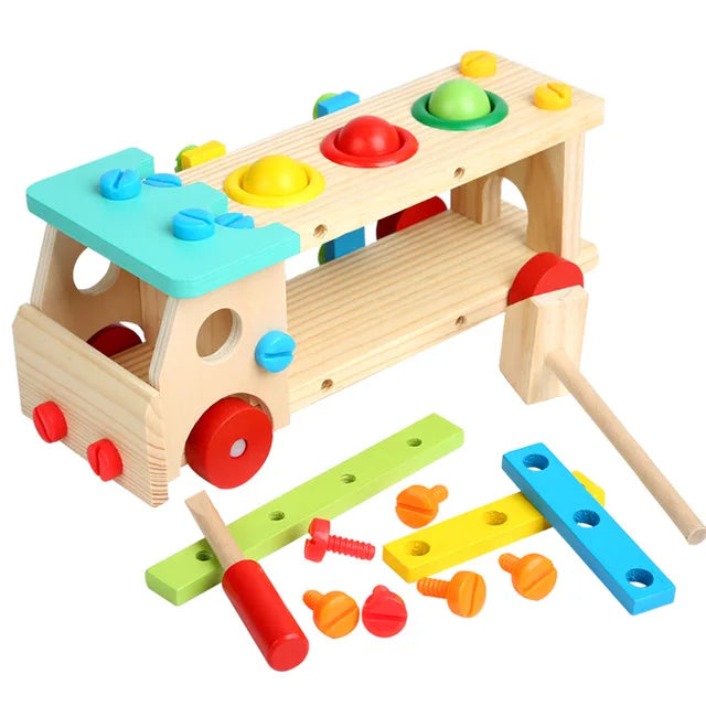 Children's Wooden Screw Car Nut Tool Box Toy, Wooden Montessori Excavator/Digger Model Toy for Boys