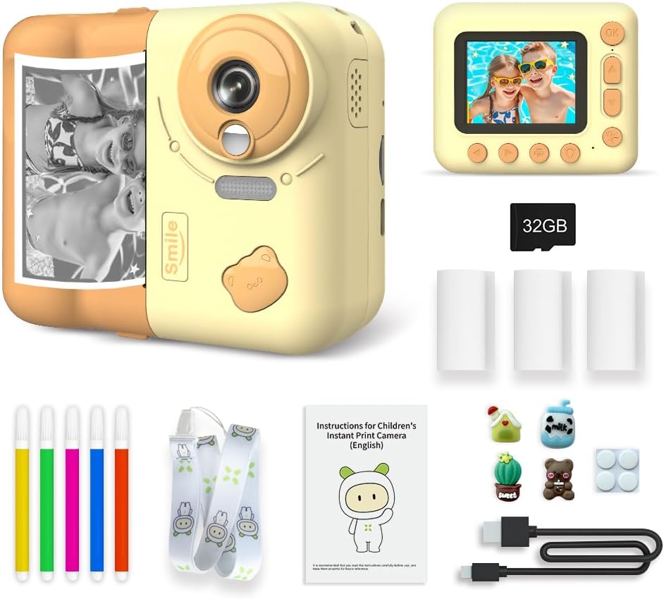 Kids Instant Print Camera, 1080P Digital Kids Camera, 2.4 Inch IPS Screen 10X Zoom Built-in Battery with Thermal Printing Paper Color Pens Neck Strap