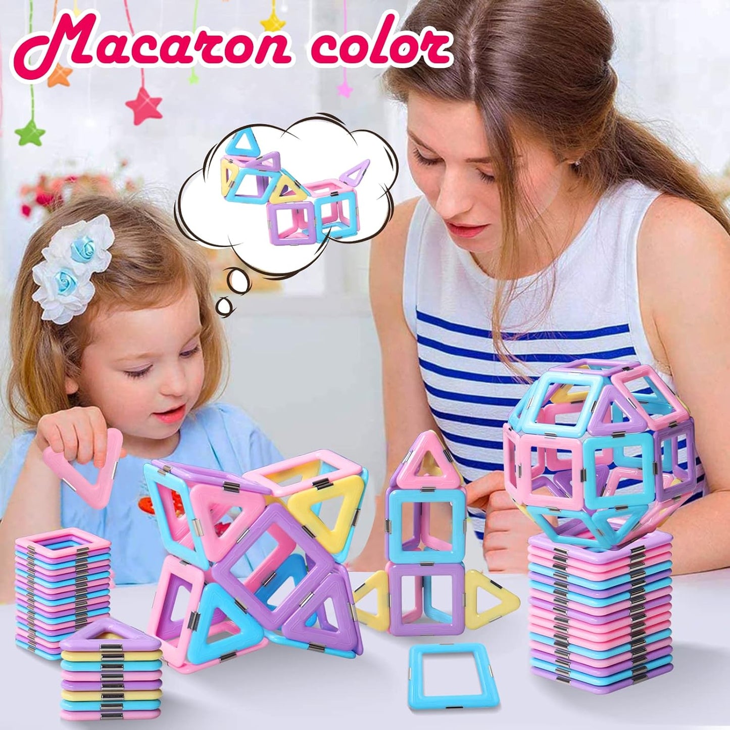 Upgrade Macaron Castle Magnetic Tiles Building Set(102 Pcs): STEM Creativity and Educational Toys for Toddlers, Age 3-6 - Ideal Christmas and Birthday Gifts for Boys and Girls Ages 3-8+ - Toyigo