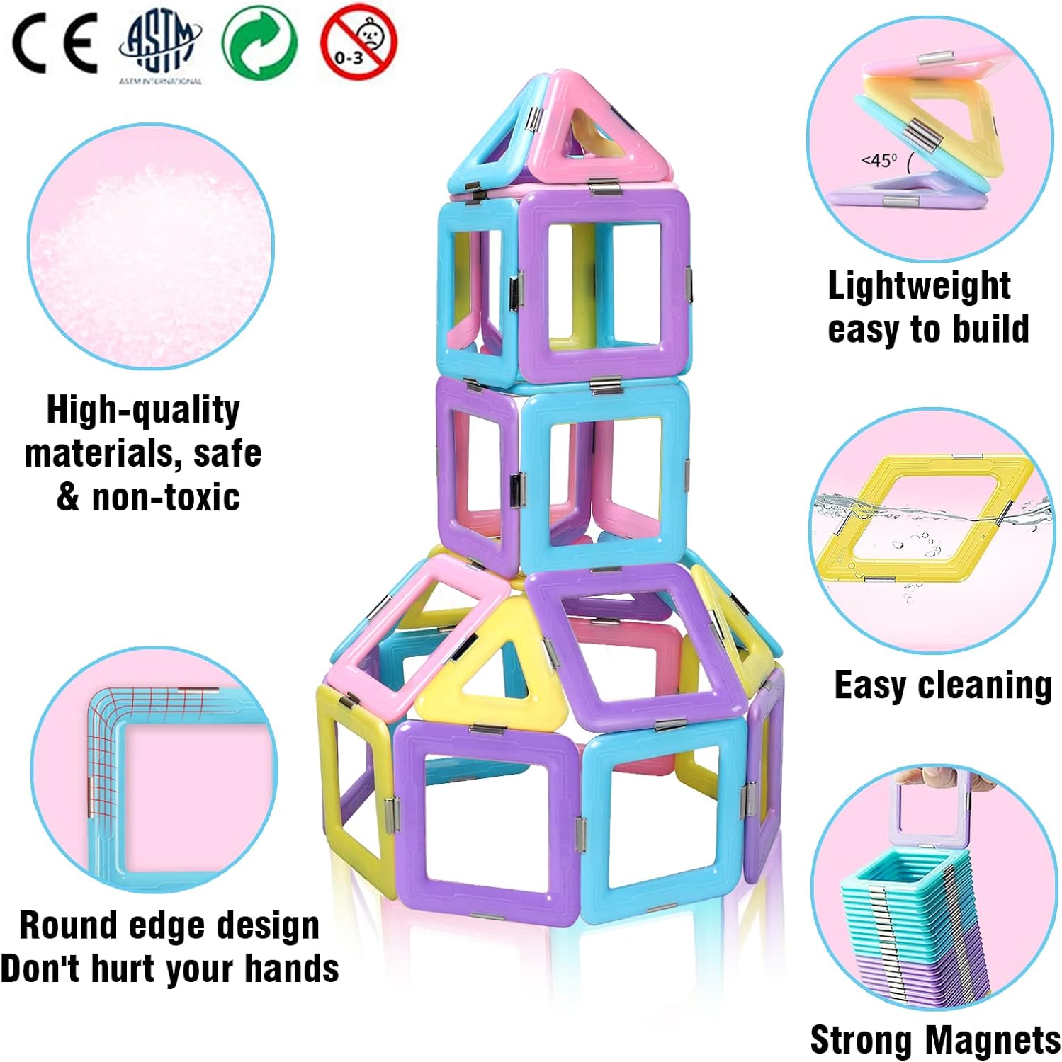 Upgrade Macaron Castle Magnetic Tiles Building Set(102 Pcs): STEM Creativity and Educational Toys for Toddlers, Age 3-6 - Ideal Christmas and Birthday Gifts for Boys and Girls Ages 3-8+ - Toyigo